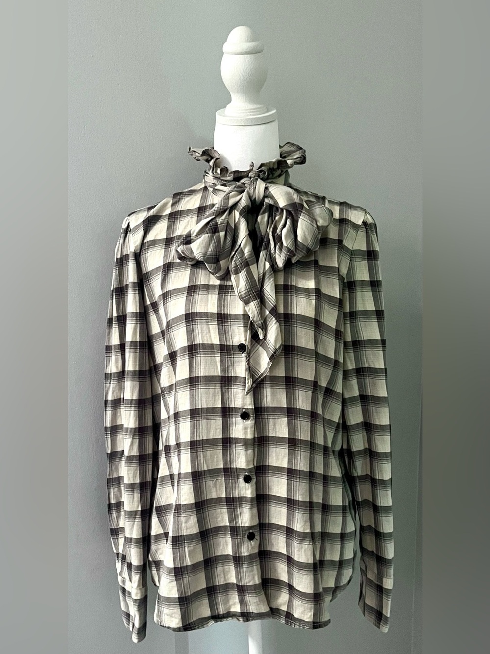 Ralph Lauren Jeans Plaid Bow Tie Neck Blouse in Black & Cream